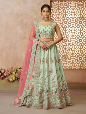Rajwada Sea Green Silk Blend Embroidered Semi-Stitched Lehenga For Women