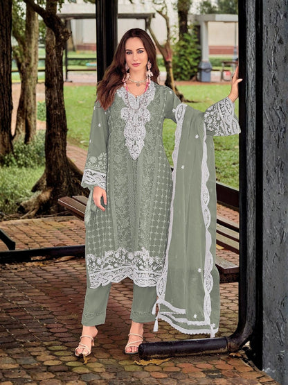 Rajwada Pista Silk Blend Embellished Semi Stitched Kurta Set For Women