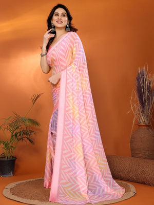 Rajwada Pink Georgette Printed Saree With Unstitched Blouse For Women