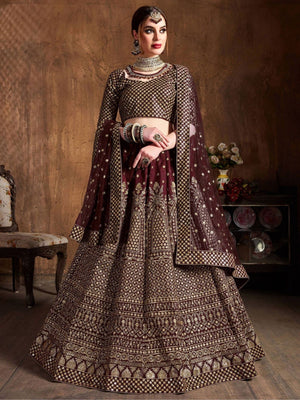 Rajwada Maroon Silk Blend Embroidered Semi-Stitched lehenga For Women