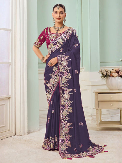 Rajwada Dark Purple Satin Embroidered Saree For Women