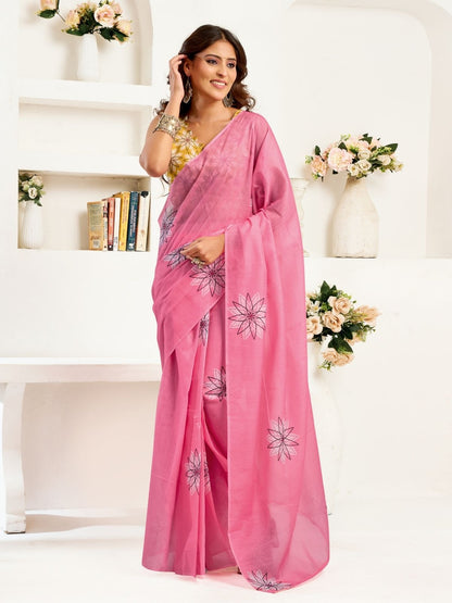 Rajwada Pink Cotton Linen Zari Work Saree For Women