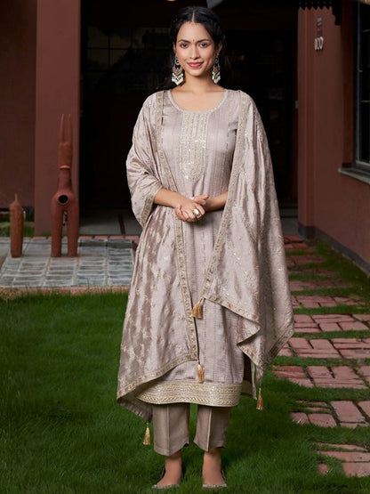 Rajwada Light Mauve Silk Blend Embriodered Stitched Kurta Set For Women