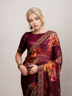 Rajwada Wine Georgette Printed Saree For Women