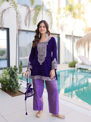 Rajwada Violet Velvet Embroidered Kurta Set For Women