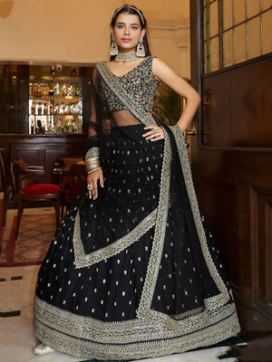 Rajwada Black Georgette Embroidered Semi-Stitched Lehenga For Women