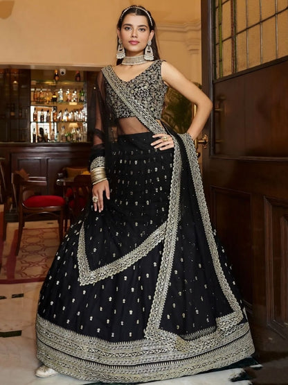 Rajwada Black Georgette Embroidered Semi-Stitched Lehenga For Women