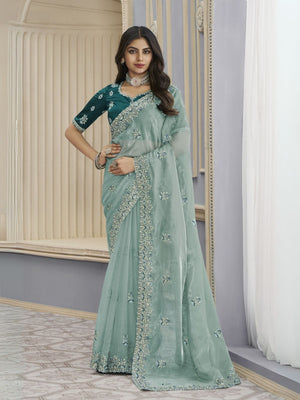 Rajwada Sea Green Organza Embroidered Elegant Saree For Women