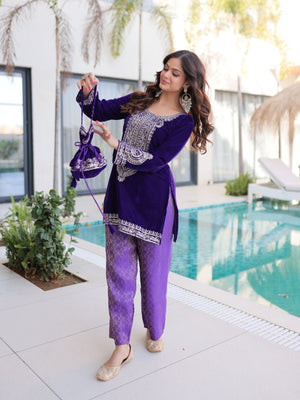 Rajwada Violet Velvet Embroidered Kurta Set For Women