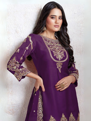 Rajwada Purple Georgette Embroidered & Cutwork Semi-Sitched Kurta Set For Women