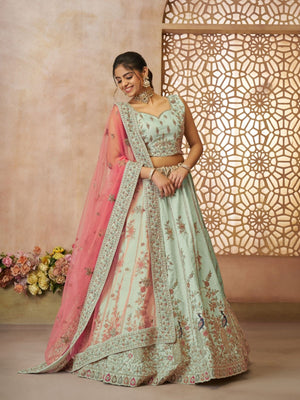 Rajwada Sea Green Silk Blend Embroidered Semi-Stitched Lehenga For Women