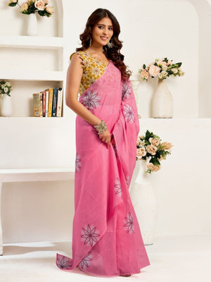 Rajwada Pink Cotton Linen Zari Work Saree For Women