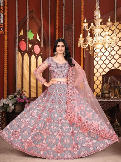 Rajwada Grey And Peach Silk Blend Embellished Semi Stitched Lehenga For Women