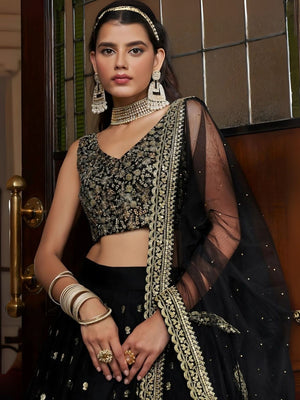 Rajwada Black Georgette Embroidered Semi-Stitched Lehenga For Women
