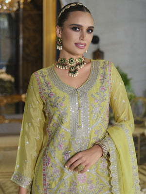 Rajwada Yellow Chinon Embroidered Semi-Stitched Kurta Set For Women
