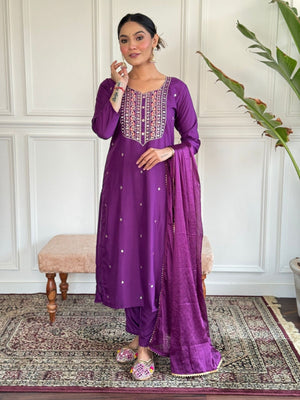 Rajwada Purple Rayon Embroidered Stitched Kurta Set For Women