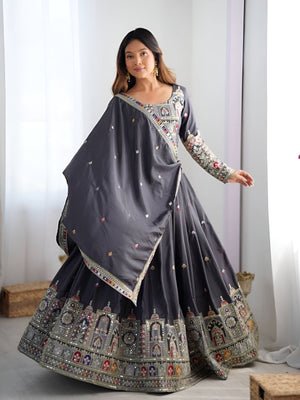 Rajwada Grey Silk Blend Embroidered Semi-Stitched lehenga For Women