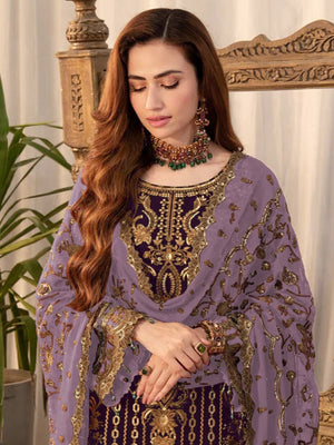 Rajwada Purple Georgette Embroidered Semi-Stitched Kurta Set For Women