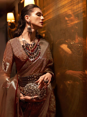 Rajwada Maroon Organza Woven Saree With Unstitched Blouse For Women