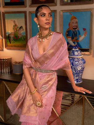 Rajwada Pink Silk Blend Woven Saree With Unstitched Blouse for Women