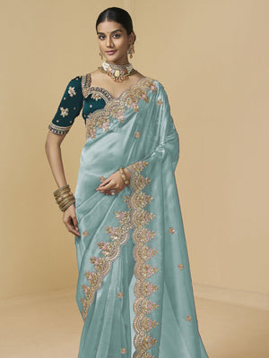 Rajwada Blue Tissue Embellished Saree For Women