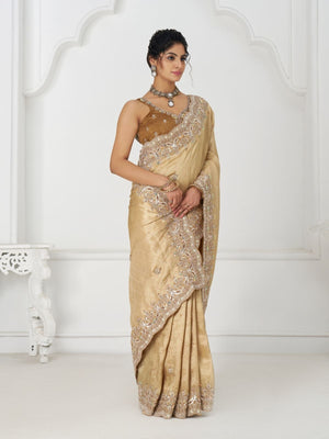 Rajwada Cream Viscose Silk Embellished Saree For Women