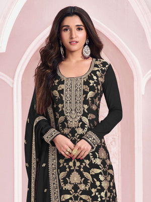 Rajwada Black Cotton Blend Embroidered Semi-Stitched Kurta Set For Women