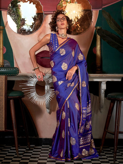 Rajwada Royal Blue Satin Woven Saree With Unstitched Blouse For Women
