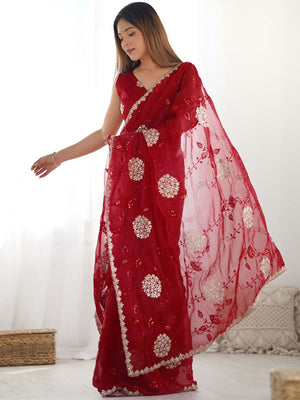Rajwada Red Chiffon Embroidered Elegant Saree For Women