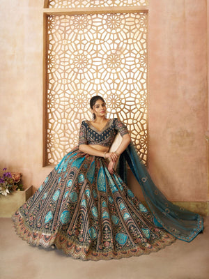 Rajwada Blue Banarasi Silk Embroidered Semi-Stitched Lehenga For Women