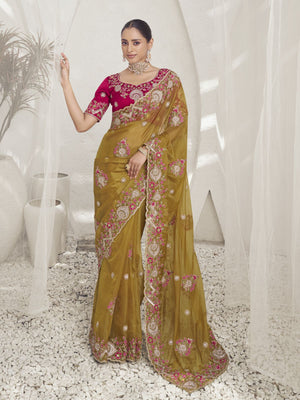 Rajwada Mustard Embroidered Silk Blend Saree With Unstitched Blouse For Women