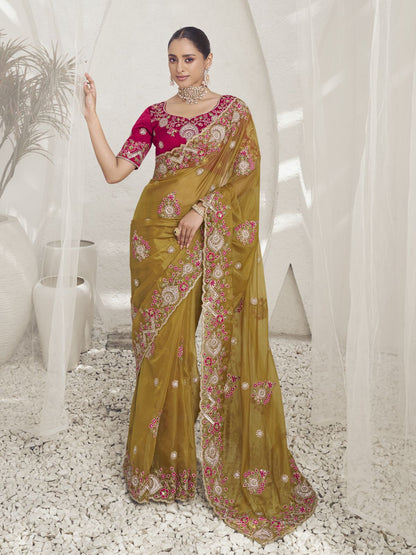 Rajwada Mustard Embroidered Silk Blend Saree With Unstitched Blouse For Women