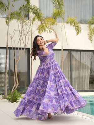 Rajwada Purple Georgette Printed Stitched Gown For Women