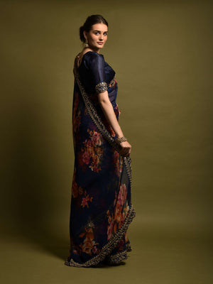 Rajwada Blue Georgette Embroidered Printed Saree For Women