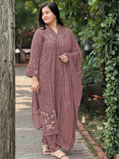 Rajwada Mauve Georgette Embroidered Semi-Stitched Kurta Set For Women