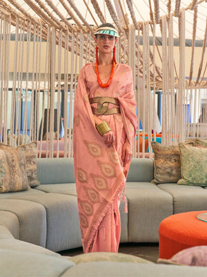 Rajwada Pink Silk Blend Woven Saree With Unstitched Blouse for Women