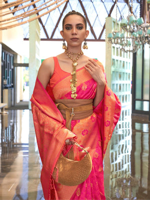 Rajwada Pink Silk Blend Woven Saree With Unstitched Blouse for Women