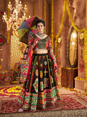 Rajwada Black Cotton Blend Embroidered Semi-Stitched lehenga For Women