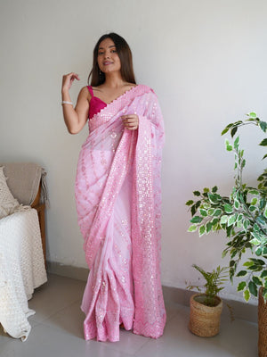 Rajwada Pink Georgette Embroidered Saree With Unstitched Blouse For Women