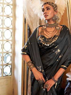 Rajwada Black Silk Blend Woven Saree With Unstitched Blouse For Women