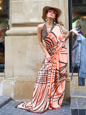 Rajwada Peach Satin Printed Saree With Unstitched Blouse For Women