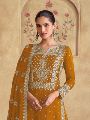 Rajwada Mustard Georgette  Embroidered Semi-Stitched Kurta Set For Women