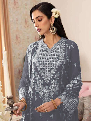 Rajwada Grey Georgette Embroidered Semi-Stitched Kurta Set For Women