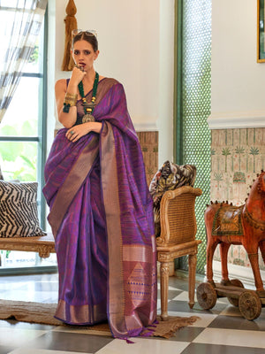 Rajwada Purple Organza Woven Saree With Unstitched Blouse for Women