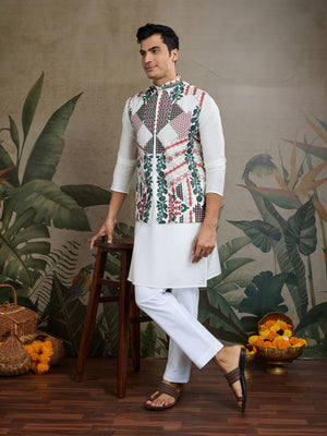 Rajwada White Viscose Silk Embroidered Stitched Kurta For Men