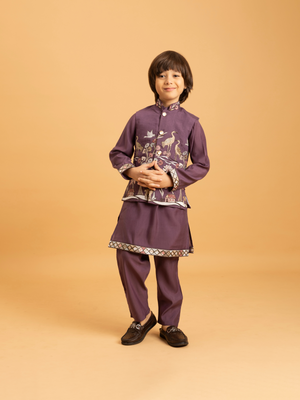 Rajwada Purple Viscose Silk Embroidered Stitched Kurta Set For Kids
