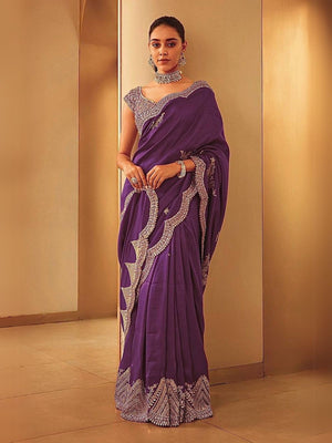 Rajwada Wine Silk Blend Embellished Saree For Women