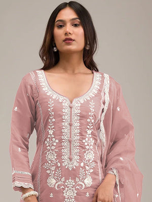 Rajwada Peach Cotton Blend Embroidered Semi-Stitched Kurta Set For Women