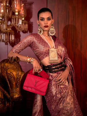Rajwada Wine Silk Blend Woven Saree With Unstitched Blouse For Women