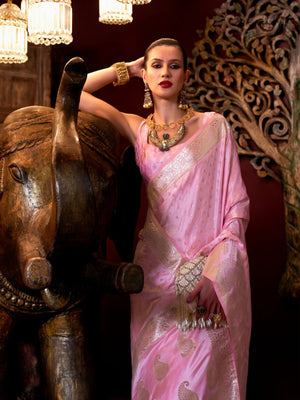 Rajwada Pink Satin Woven Saree With Unstitched Blouse For Women